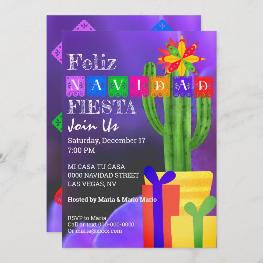 Feliz Navidad Fiesta Green Cactus op Paars Kaart (Voorkant / Achterkant)