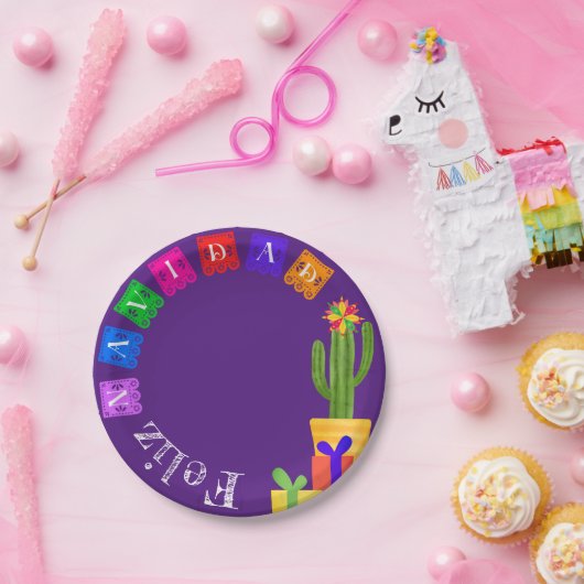 Feliz Navidad Fiesta Green Cactus op Paars Papieren Bordje (Feest)