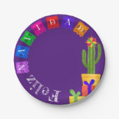Feliz Navidad Fiesta Green Cactus op Paars Papieren Bordje (Voorkant)