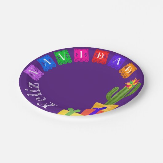 Feliz Navidad Fiesta Green Cactus op Paars Papieren Bordje (Gekanteld)