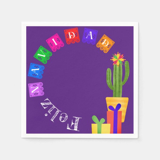 Feliz Navidad Fiesta Green Cactus op Paars Servet (Voorkant)