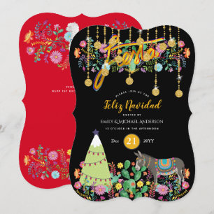 Feliz Navidad Fiesta Invitation Folk Flowers Burro Kaart