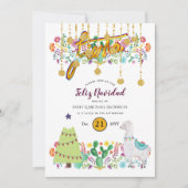 Feliz Navidad Fiesta Invitation Folk Flowers Llama Kaart (Voorkant)