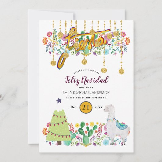 Feliz Navidad Fiesta Invitation Folk Flowers Llama Kaart (Voorkant)