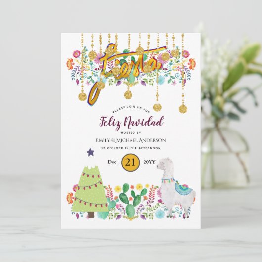 Feliz Navidad Fiesta Invitation Folk Flowers Llama Kaart (Staand voorkant)