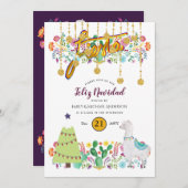 Feliz Navidad Fiesta Invitation Folk Flowers Llama Kaart (Voorkant / Achterkant)