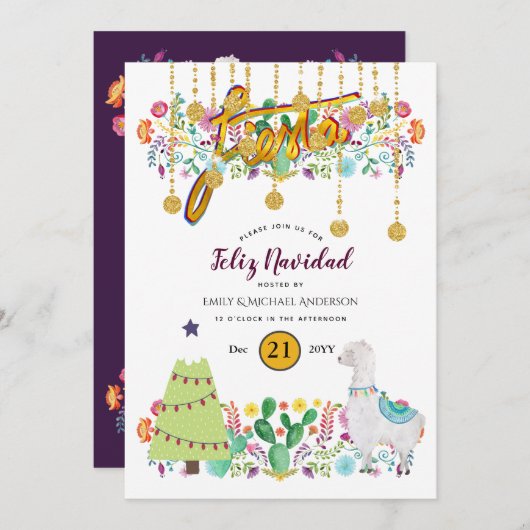 Feliz Navidad Fiesta Invitation Folk Flowers Llama Kaart (Voorkant / Achterkant)