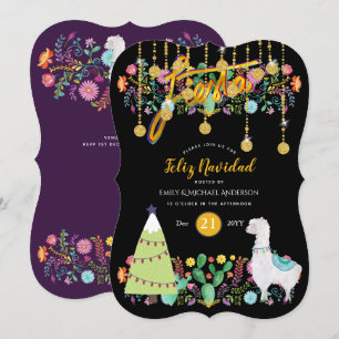 Feliz Navidad Fiesta Invitation Folk Flowers Llama Kaart