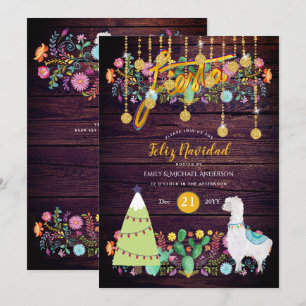 Feliz Navidad Fiesta Invitation Folk Flowers Llama Kaart
