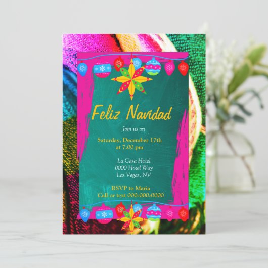 Feliz Navidad Fiesta op Roze en Groene Sarape Kaart (Staand voorkant)