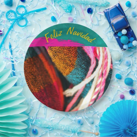 Feliz Navidad Fiesta op Roze en Groene Sarape Papieren Bordje (Feest)