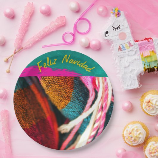 Feliz Navidad Fiesta op Roze en Groene Sarape Papieren Bordje (Feest)