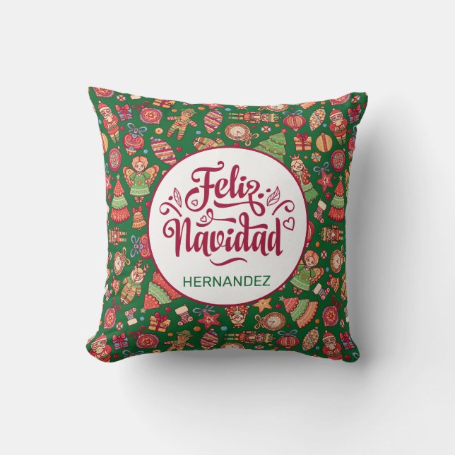 Feliz Navidad Folk Art Green Kussen (Voorkant)