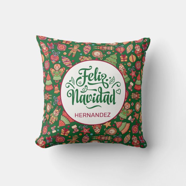 Feliz Navidad Folk Art Green Kussen (Voorkant)