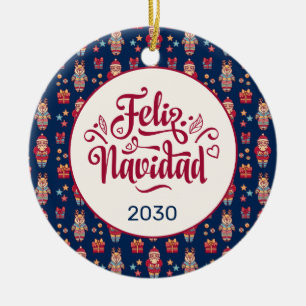 Feliz Navidad Folk Santa Rendier Blauw Custom Keramisch Ornament