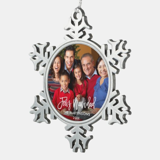 Feliz Navidad-foto penseelscript Tin Sneeuwvlok Ornament (Rechts)