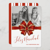 Feliz Navidad Foto Red Bow Gold Trim Kerstmis Feestdagenkaart (Voorkant / Achterkant)