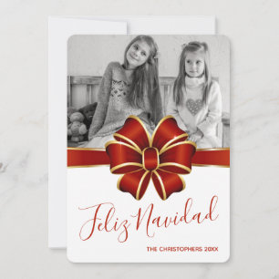 Feliz Navidad Foto Red Bow Gold Trim Kerstmis Feestdagenkaart