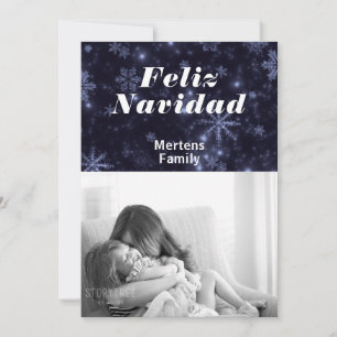 Feliz Navidad Foto & Sneeuwvlokken op Blauwe Vlakk Kaart