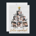 Feliz Navidad | Fotos forma del árbol de Navidad Feestdagenkaart<br><div class="desc">Het is een moderne tarjeta op de foto. Un festivo diseño de tarjeta navideña que incluye seis de tus fotos favoritas dispuestas en forma de árbol de Navidad acentuado con ramas de pino dibujadas a mano, piñas, purpurina dorada de imitación y una estrella dorada sobre un fondo blanco de madera...</div>