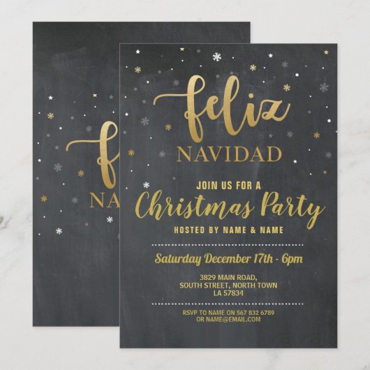 Feliz Navidad Gold & Black Chalk Kerstfeest Kaart (Voorkant / Achterkant)