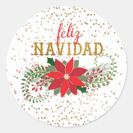 Feliz Navidad Gold Glitter Poinsettia Ronde Sticker (Voorkant)