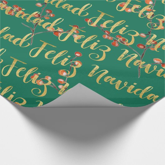 Feliz Navidad Gold schrijft kerstgroene bessen Cadeaupapier (Hoek)
