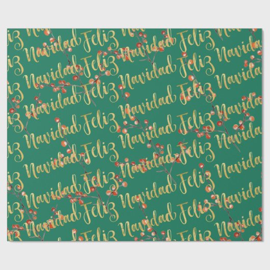 Feliz Navidad Gold schrijft kerstgroene bessen Cadeaupapier (Vlak)