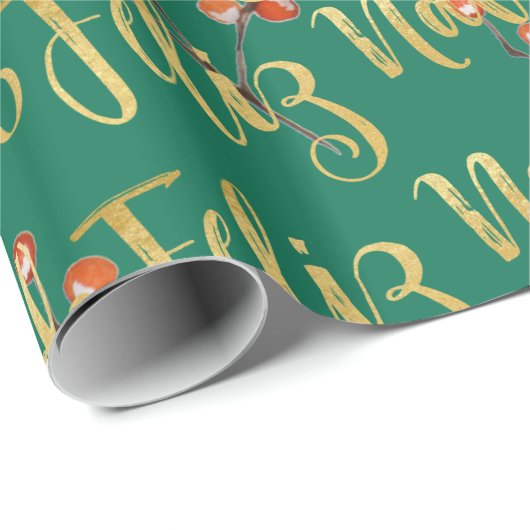 Feliz Navidad Gold schrijft kerstgroene bessen Cadeaupapier (Rol Hoek)