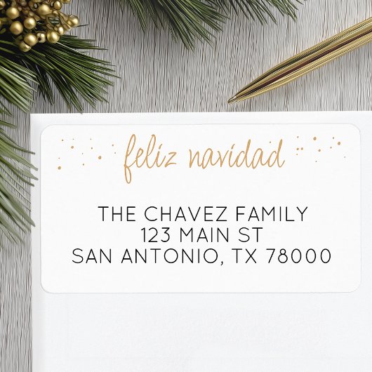 Feliz Navidad Gold Script Kerstadres Etiket