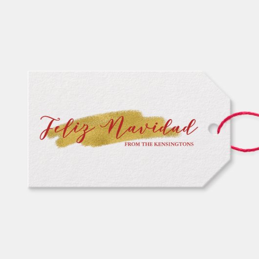 Feliz Navidad Gold Tree Folie Brush Vakantie Cadeaulabel (Voorkant (Horizontaal))