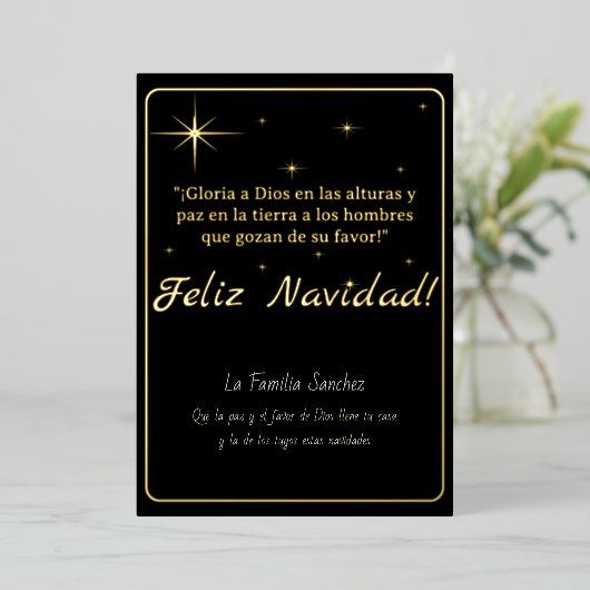 Feliz Navidad Golden & Black Luke 2:14 Folie Feestdagenkaart (Staand Voorkant)