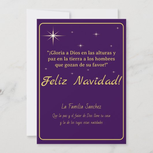 Feliz Navidad Goud & Paars Lukas 2:14 Vers Feestdagenkaart (Voorkant)