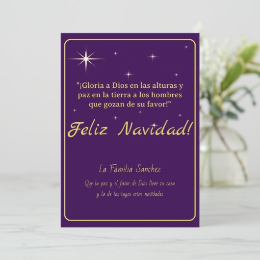 Feliz Navidad Goud & Paars Lukas 2:14 Vers Feestdagenkaart (Staand voorkant)