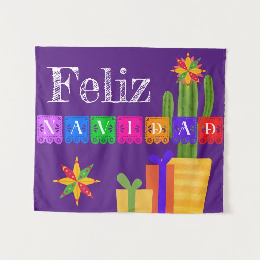Feliz Navidad Green Cactus op Paars Wandkleed (Voorkant (horizontaal))