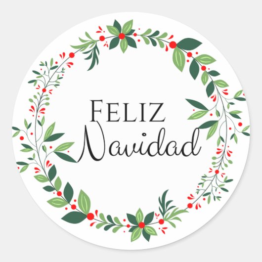Feliz Navidad Green en Red Wreath Round Sticker (Voorkant)