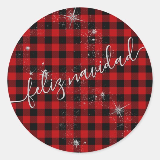 Feliz Navidad Guión Plateado Moderno y Tartán Rojo Ronde Sticker (Voorkant)