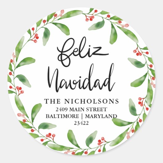 Feliz Navidad Holly Wreath | Retouradres Ronde Sticker (Voorkant)