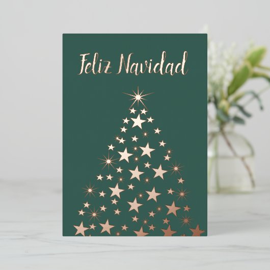 Feliz Navidad-kerstboomsterren Roos Gold Folie Feestdagenkaart (Staand Voorkant)