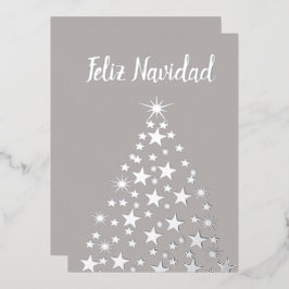 Feliz Navidad-kerstboomsterren Silver Folie Feestdagenkaart