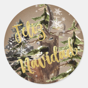 Feliz Navidad Kraft Papier Winter Woodland Stag Ronde Sticker