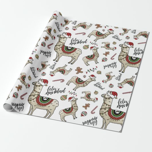 Feliz Navidad Llama Wrapping paper Cadeaupapier (Uitgerold)