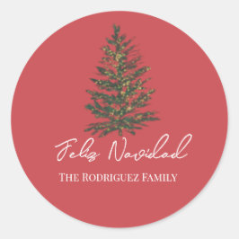 Feliz Navidad-Merry Christmas Tree and Lights  Ronde Sticker