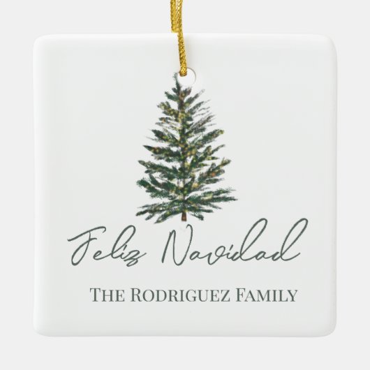 Feliz Navidad-Merry Kerstboom en verlichting Keramisch Ornament (Voorkant)