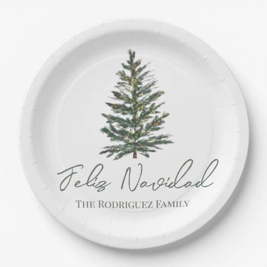 Feliz Navidad-Merry Kerstboom en verlichting Papieren Bordje (Voorkant)