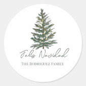 Feliz Navidad-Merry Kerstboom en verlichting Ronde Sticker (Voorkant)