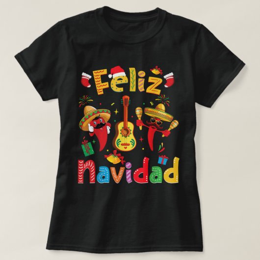 Feliz Navidad Mexican Fiesta Hot Pepper Guitar Xma T-shirt (Design voorkant)