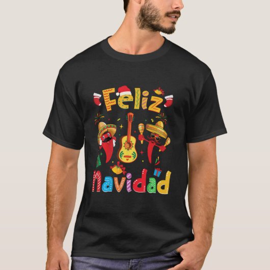 Feliz Navidad Mexican Fiesta Hot Pepper Guitar Xma T-shirt (Voorkant)