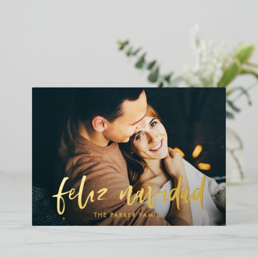 Feliz Navidad | Modern Spaans Twee foto Kerstmis Folie Feestdagenkaart (Staand Voorkant)