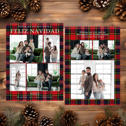 Feliz Navidad Multi Foto Rode Geruite Kerstkaart